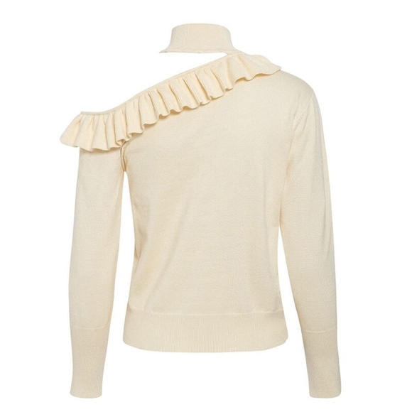 Shoulder Cut Out Ruffle Knit High Neck Beige Top - Picture 9 of 11